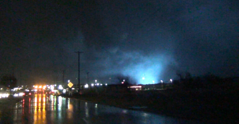 The Rowlett EF-4 Tornado impacts the city after dark on the evening of December 26, 2015
