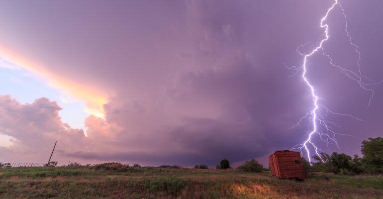 Bright cloud to ground lightning strike out of a supercell near Turkey, TX