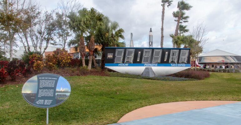 The countdown clock that was at the Kennedy Space Center media area for many years now sits outside of the Visitors Center
