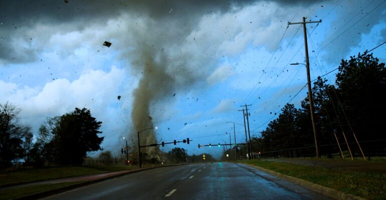 A tornado crosses Andover Rd at Harry Street in Andover, Kansas on April 29, 2022
