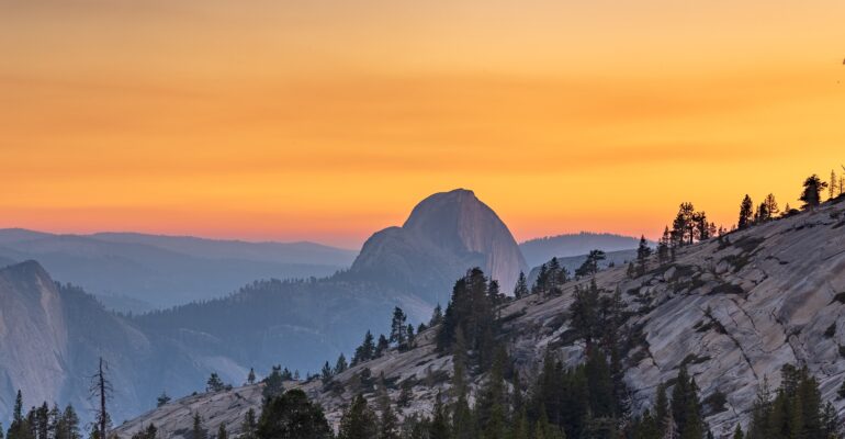View of Half Dome from Olmsted Point at sunset in Yosemite National Park