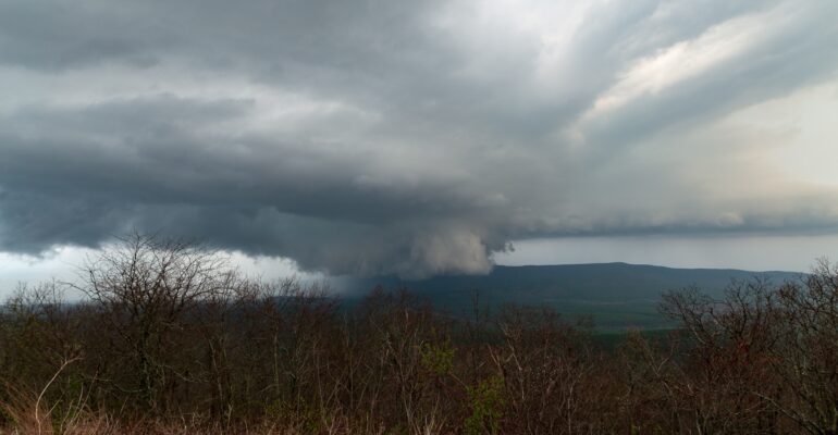 A supercell travels across eastern Oklahoma as viewed from Talimena Scenic Drive.