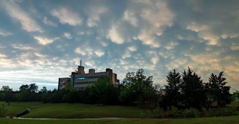 A mammatus sunset at the National Weather Center in Norman, Oklahoma