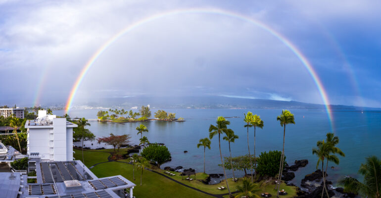 Bright rainbow over the bay in Hilo from my hotel room at the Grand Naniloa Doubletree in Hilo