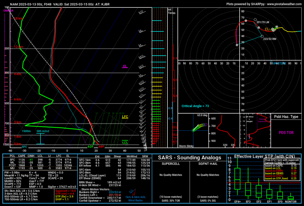 2024-03-13 00Z NAM 48 hour forecast sounding for Jonesboro Arkansas (KJBR)