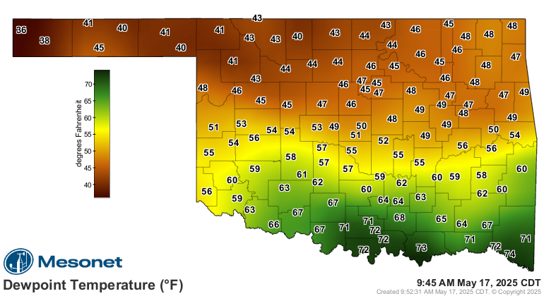 May 17, 2025 - 9:45 am - Oklahoma Mesonet Dewpoint Map