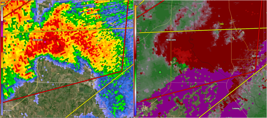 KTLX Radar 2025-06-03 2156Z - My location is noted with a + sign